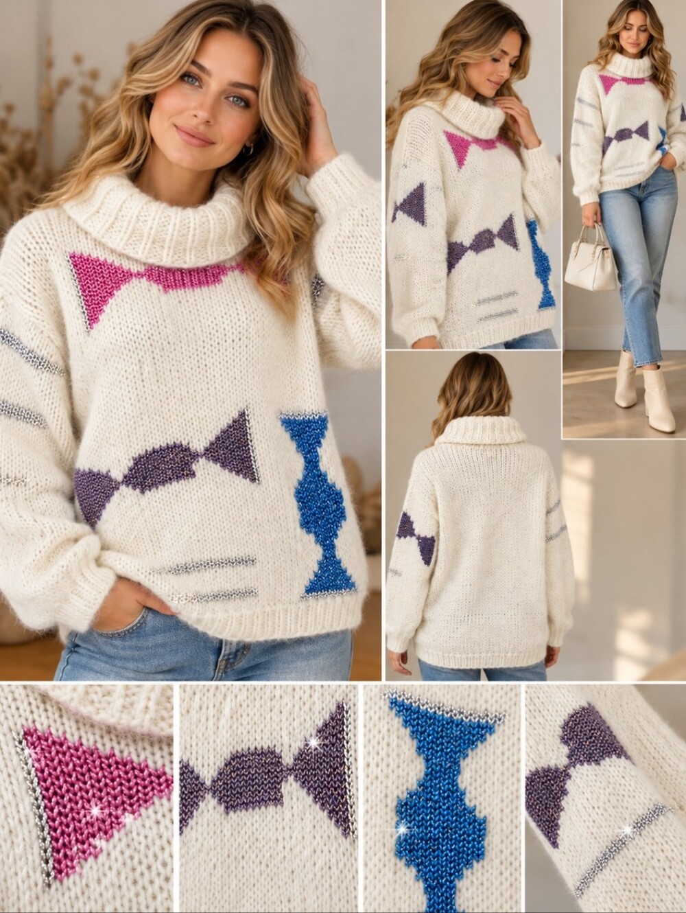 Vintage Italian Mohair Sweater Oversized Cowl Neck Metallic Geometric Knit LG